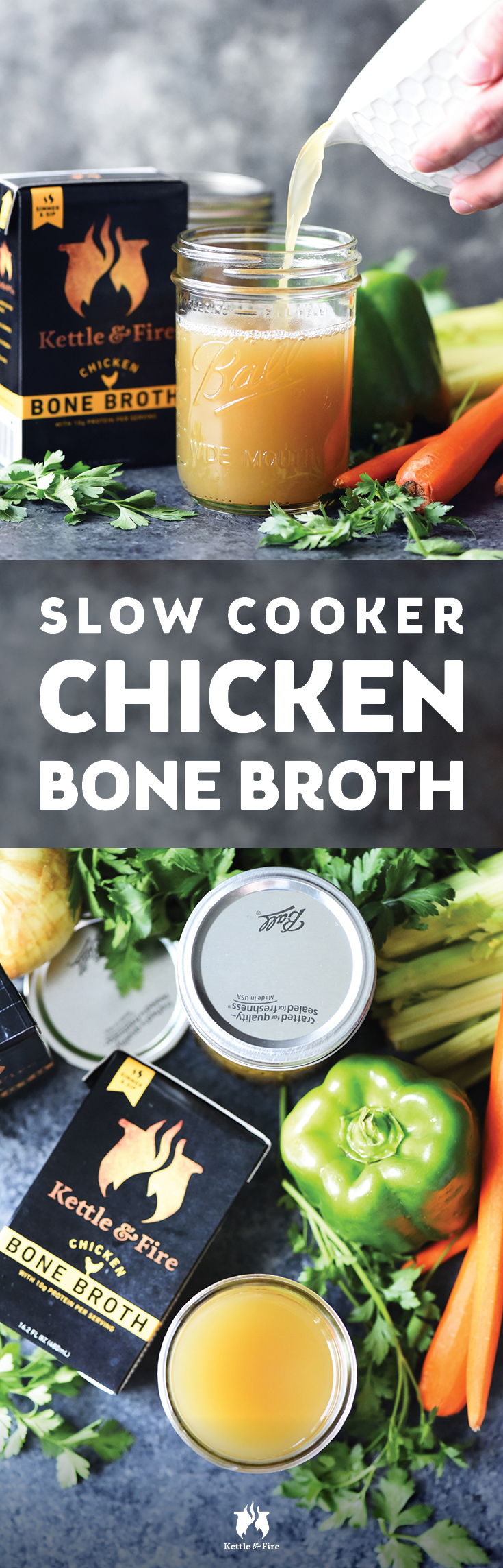 This is a Kettle & Fire tested and true slow cooker chicken bone broth recipe that features organic chicken bones, fresh vegetables and herbs. 