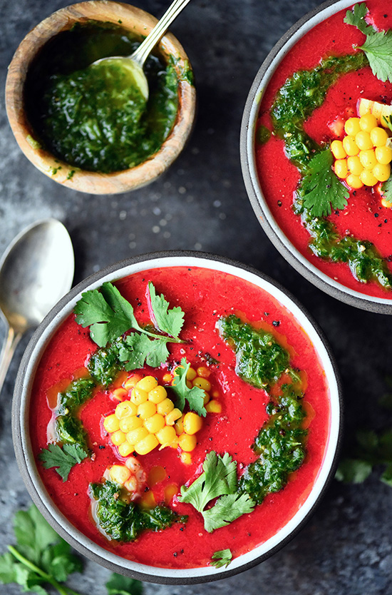This vibrant gazpacho recipe is a refreshing way to serve up summer vegetables and rich bone broth! Best enjoyed chilled with a simple cilantro chimichurri.