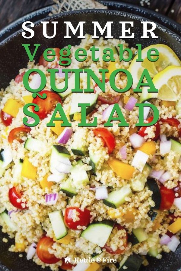 This Summer Vegetable Quinoa Salad with Kettle & Fire Chicken Bone Broth is tossed in a lemon vinaigrette and loaded with nutrients. It’s a quick and easy recipe for summer picnics or potluck dinners!