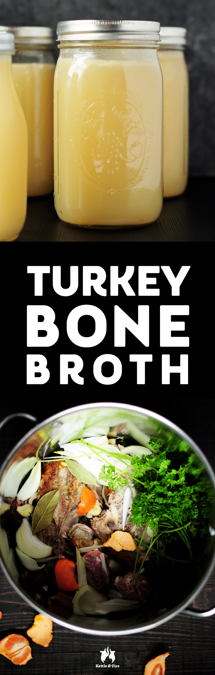 This is a savory turkey bone broth you can make from the carcass of a roasted turkey. Make it in advance and store it to use in meals, soups, and stews.