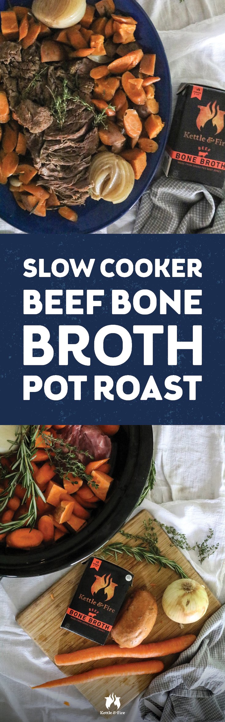 A tender beef slow cooker pot roast, cooked in beef bone broth for extra flavour and simmered with rosemary and thyme. Served with sweet potatoes, this hassle-free recipe is what Sunday dinner dreams are made of.