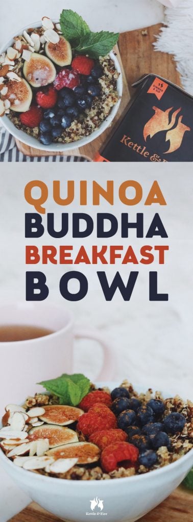 This quinoa buddha breakfast bowl turns savory to sweet, with the addition of berries, banana, maple syrup, mint, and warming notes of cinnamon and vanilla. 