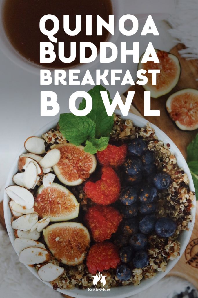 This quinoa buddha breakfast bowl turns savory to sweet, with the addition of berries, banana, maple syrup, mint, and warming notes of cinnamon and vanilla. 