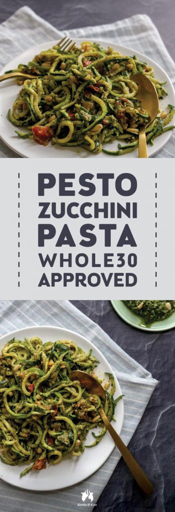 This pesto zucchini pasta recipe is extremely easy to make. While it’s not a traditional recipe, the combination of fresh basil, garlic, and tomatoes will bring Italy right into your kitchen. (Red and white checkered tablecloth optional!) Best of all, these recipe is Whole30 approved, gluten-free, and paleo friendly. 