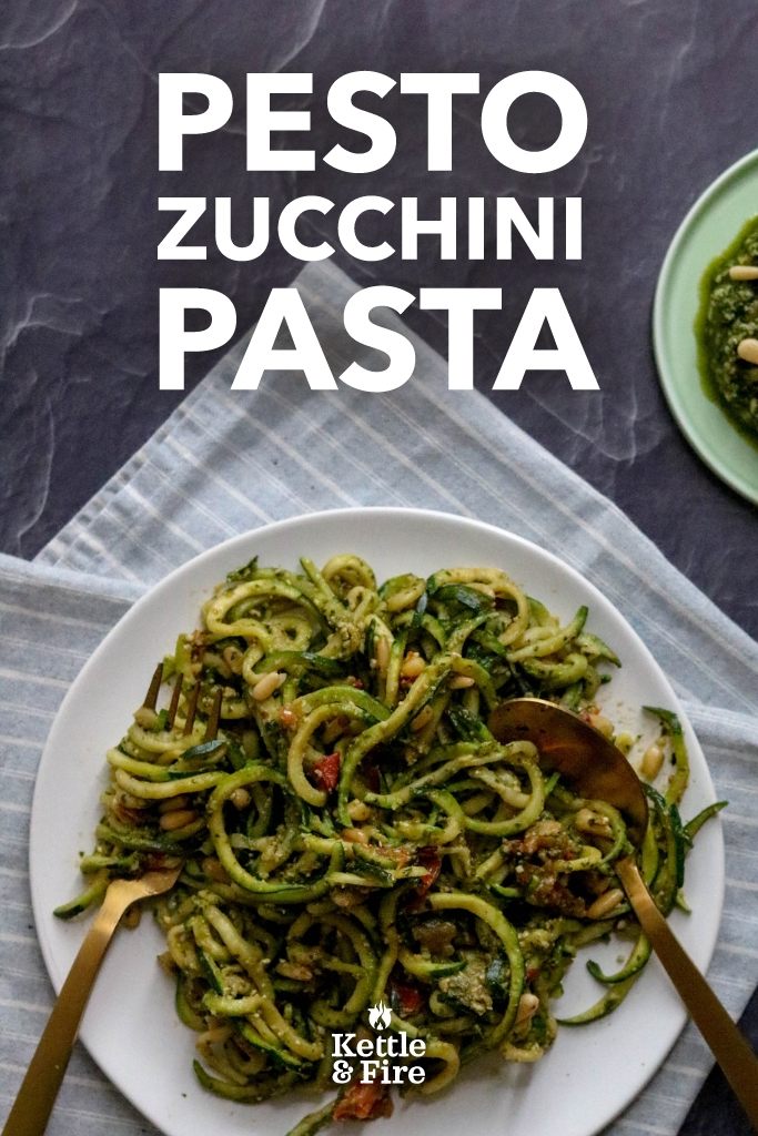 This pesto zucchini pasta recipe is extremely easy to make. While it’s not a traditional recipe, the combination of fresh basil, garlic, and tomatoes will bring Italy right into your kitchen. (Red and white checkered tablecloth optional!) Best of all, these recipe is Whole30 approved, gluten-free, and paleo friendly. 