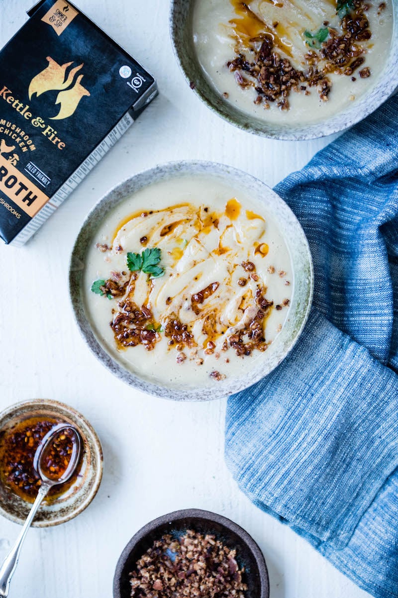 This healthy cauliflower soup recipe is like a healthier, leaner version of potato soup. And thanks to the addition of Kettle & Fire’s collagen-rich chicken bone broth (a better option than chicken stock or chicken broth), it’s also packed with protein and essential vitamins.
