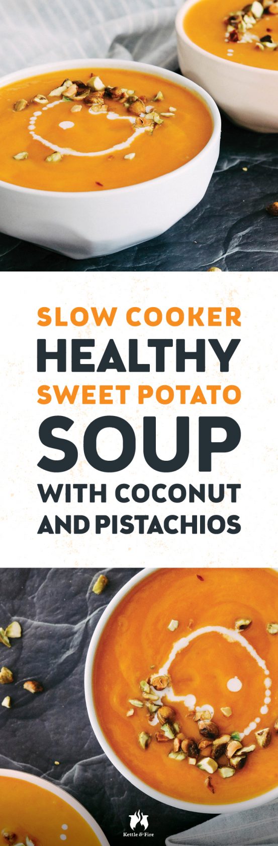 With only 10 ingredients and one cooking vessel, this healthy sweet potato soup with coconut and pistachio will amaze you—it is creamy, quick and delicious!