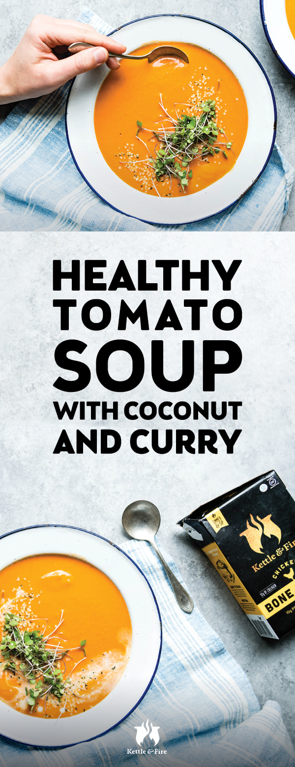 Coconut milk, bone broth, and a hint of turmeric-tinted curry make this creamy tomato soup a healthier, dairy-free version of the classic that's sure to become one of your new favorite homemade and healthy tomato soup recipes.