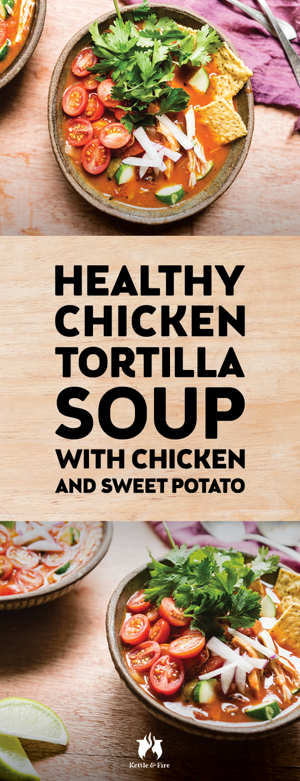 When cooked at home with a ready-made bone broth, traditional healthy chicken tortilla soup can be an easy, delicious, and nutritious alternative to this favorite recipe from Mexican restaurants. The secret is lots of fresh lime and crispy baked tortillas.