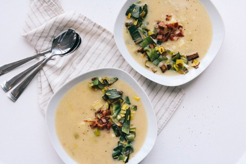 bowls of healthy potato leek soup