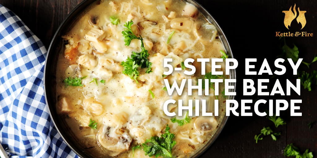 White Chili Recipe This hearty and healthy white bean chili takes only five steps and 25 minutes. It’s a perfect way to use up your leftovers for a nourishing weekday meal.
