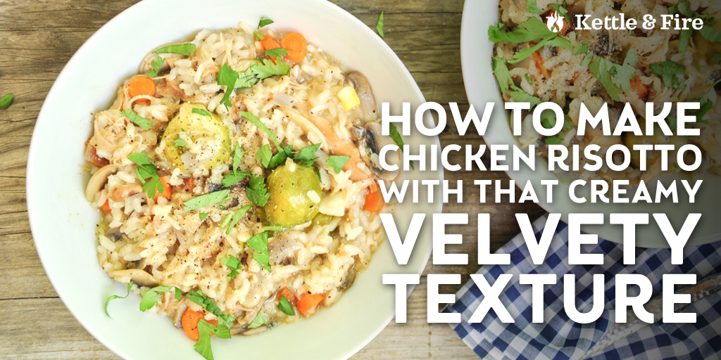 Make a savory, rich, and velvety chicken risotto in seven simple steps. Gluten-free. Ready in forty minutes.