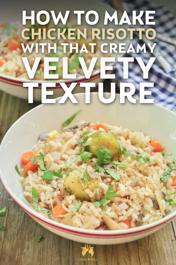Make a savory, rich, and velvety chicken risotto in seven simple steps. Gluten-free. Ready in forty minutes.