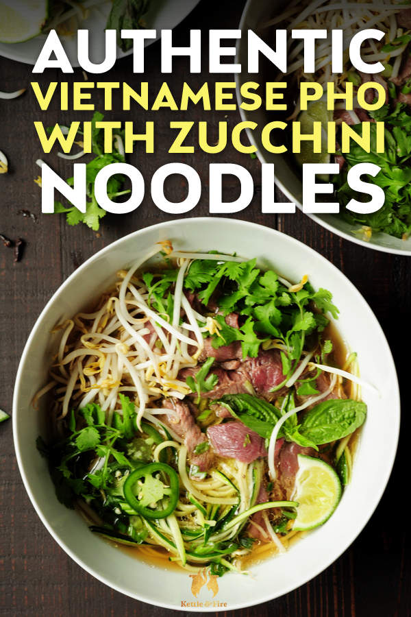 This pho soup recipe is warming and nourishing, loaded with authentic Vietnamese flavors and a low-carb option with zucchini noodles instead of rice noodles.