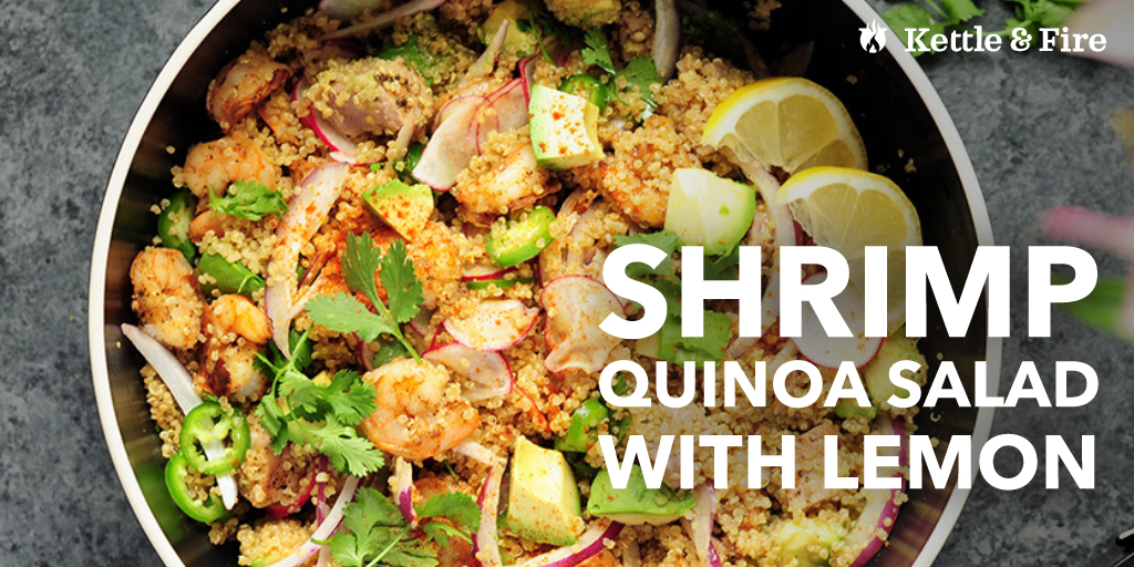 Shrimp Quinoa Salad with Lemon This shrimp quinoa salad is fresh and filling. Made with seasoned tuna steak, cooked shrimp, and a lemon dressing, it’s just as addictive as it is nutritious.