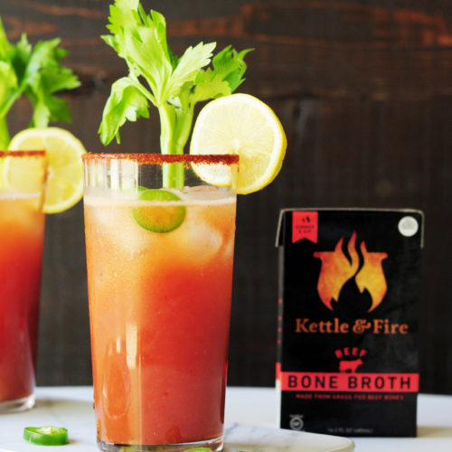 Try this bloody bull recipe for an upgraded umami cocktail experience. Made with bone broth, tomato juice, and vodka: it’s a “healthy” twist on a bloody mary.