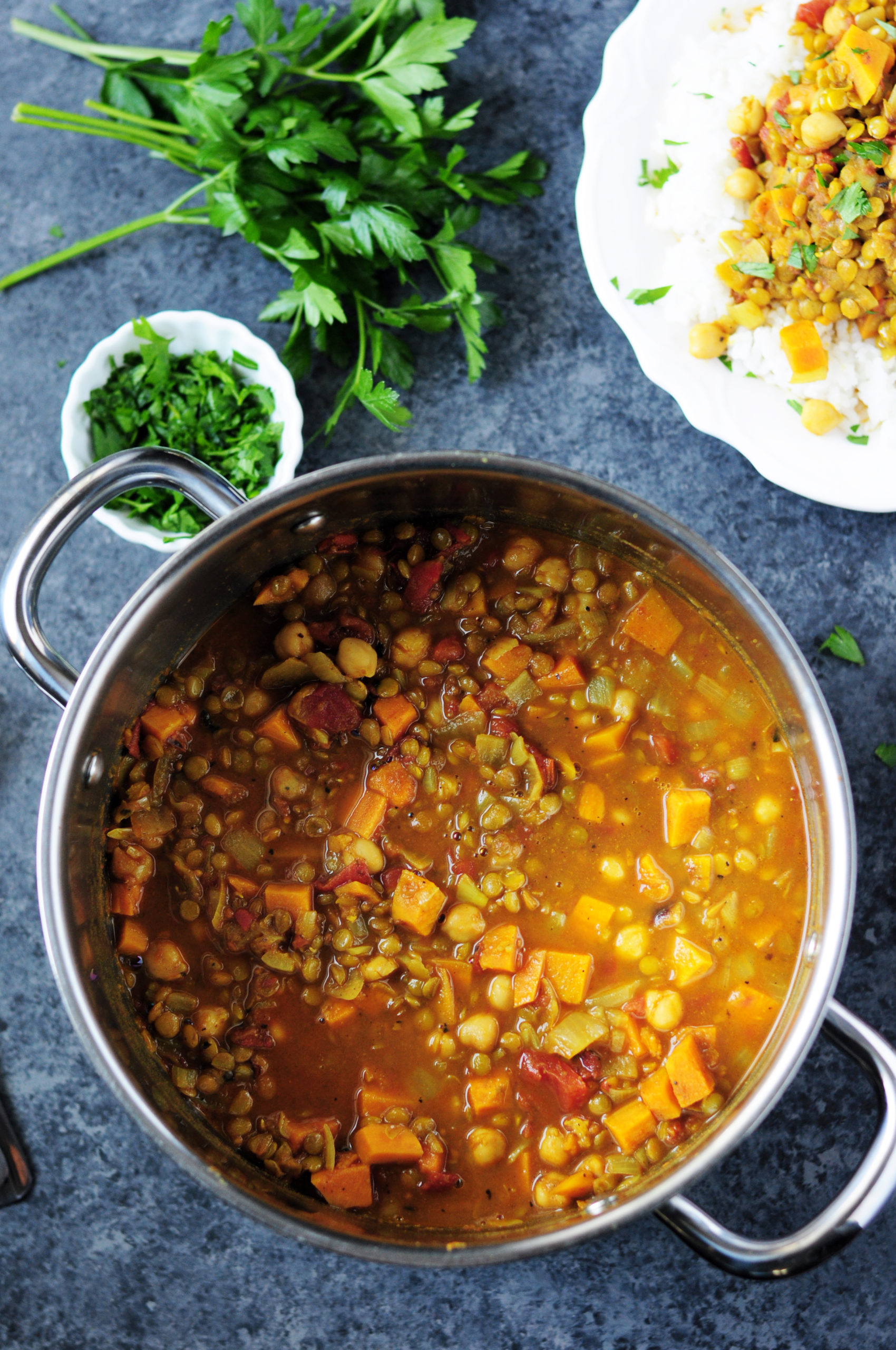 These one-pot curried lentils are gluten-free and hassle-free. You need only 11 simple ingredients. Protein-rich and flavored with addictive Indian spices.