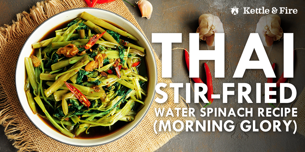 Stir-fried water spinach (also known as morning glory) is a healthy, hearty Thai vegetable dish that’s bursting with flavor and nutrients. Ready in 15 minutes.