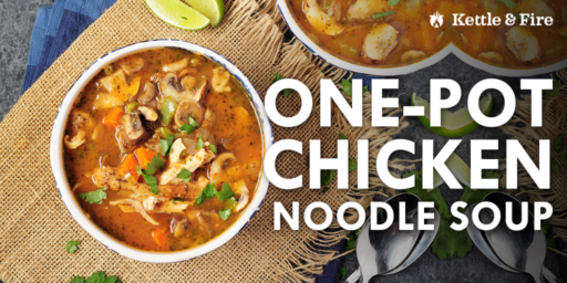 This one-pot chicken noodle soup requires just 4 simple steps and 30 minutes. Made with a bone broth base, it’s tasty and nutritious. It’s also gluten-free.